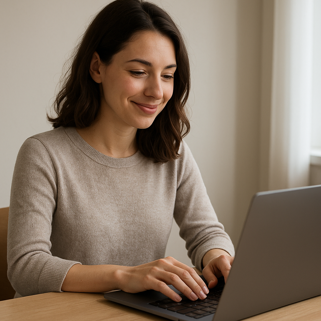 Woman smiling while using laptop for online divorce process